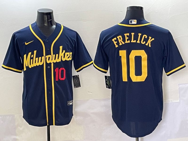 Men Milwaukee Brewers #10 Frelick Dark Blue Game 2025 Nike MLB Jersey style 3